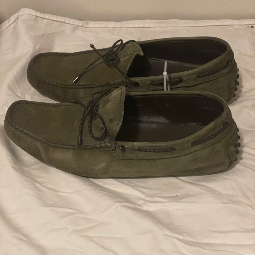 TOD’S City Gommino Green Suede Leather Lace Up Driving Loafers Braided Moccasin